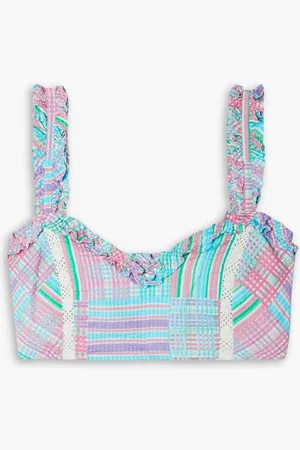 LOVESHACKFANCY Mireya cropped crochet-trimmed gingham cotton top - Blue