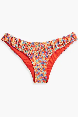 Caroline Constas Leila gathered floral-print low-rise bikini briefs - Red