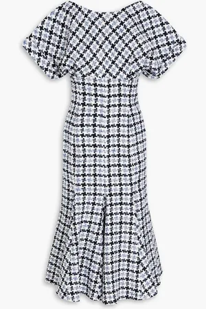 Carolina Herrera Pleated cotton and wool-blend tweed midi dress - Blue