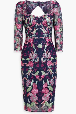 Marchesa Notte Cutout embroidered tulle dress - Blue