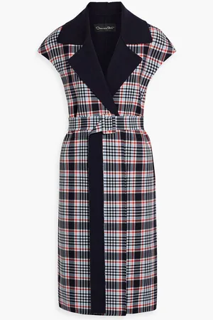 Oscar de la Renta Belted checked wool-blend jacquard coat - Blue