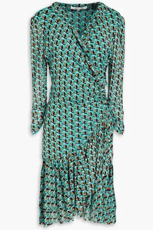 Diane von Furstenberg Paloma ruffled printed stretch-mesh mini wrap dress - Blue