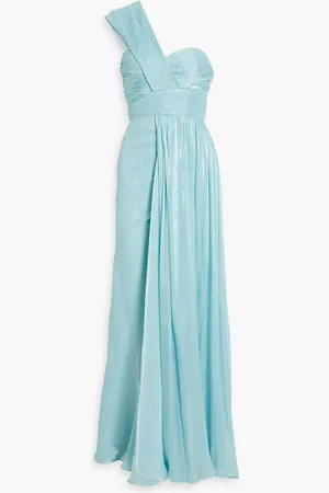 Badgley Mischka One-shoulder plissé-georgette gown - Blue