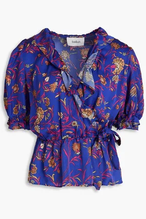 Bash Gathered printed satin wrap top - Blue
