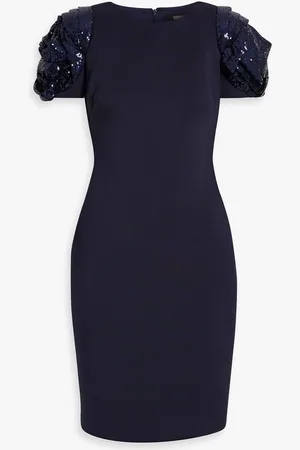 Badgley Mischka Sequin-embellished tulle-paneled scuba mini dress - Blue
