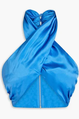 Nicholas Cropped silk-charmeuse halterneck top - Blue