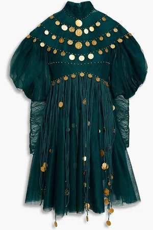 ZIMMERMANN Embellished fringed tulle mini dress - Green