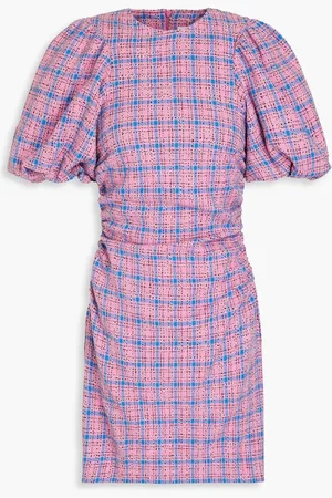 Ganni Shirred printed plissé-georgette midi dress