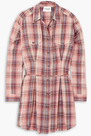 Marant Etoile Liliane belted checked cotton and linen-blend mini shirt dress - Orange