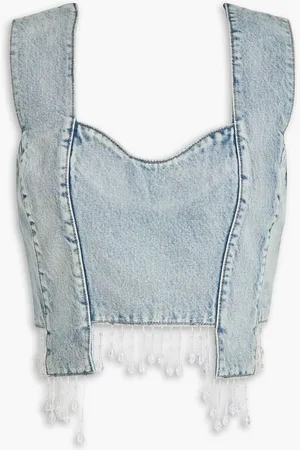 Ganni Cropped fringed bead-embellished denim bustier top - Blue