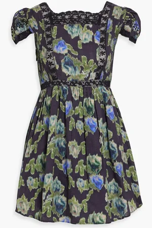 LOVESHACKFANCY Lace-trimmed pintucked floral-print cotton mini dress - Blue