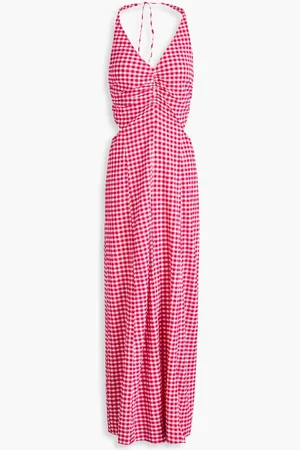 Ganni Ruched gingham stretch-seersucker maxi dress - Pink