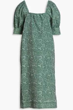 Ganni Floral-jacquard organza midi dress - Green