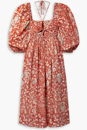 ULLA JOHNSON Alessa cutout ruched floral-print cotton-poplin midi dress - Red