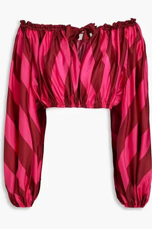 ZIMMERMANN Cropped striped silk-satin off-the-shoulder top - Pink