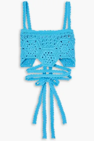 Alanui Blooming Flowers cropped lace-up crocheted cotton top - Blue