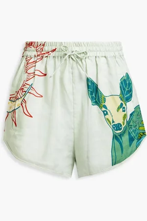 LEO LIN Gathered printed linen shorts - Green