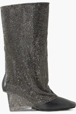 BENEDETTA BRUZZICHES Virginia crystal-embellished mesh and metallic leather boots - Gray