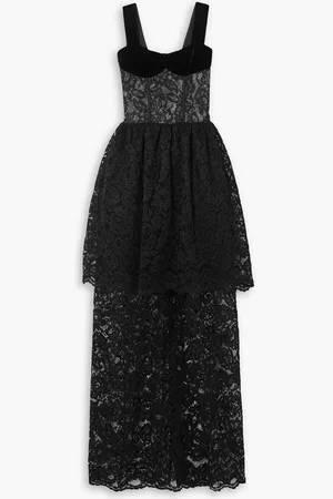 Rasario Tiered velvet-trimmed guipure lace gown