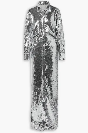 BRANDON MAXWELL Sequined tulle maxi shirt dress - Metallic