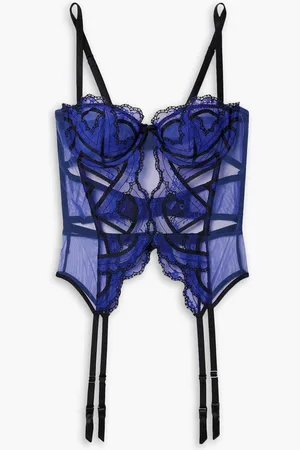 FLEUR DU MAL Hendrix lace-trimmed stretch-mesh underwired soft-cup bustier bra - Blue