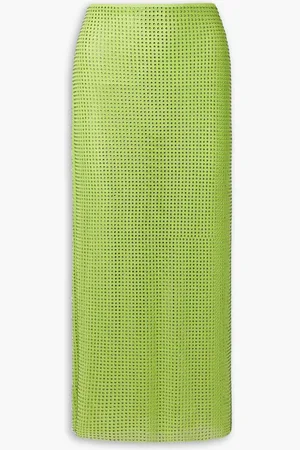 Self-Portrait Crystal-embellished stretch-mesh midi skirt - Green