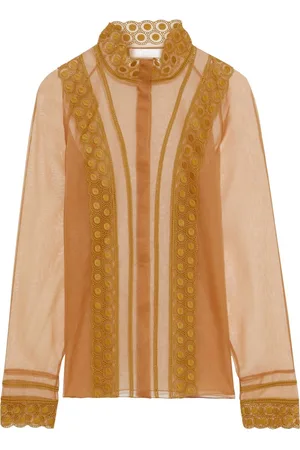 Chloé Scalloped embroidered silk-organza blouse - Brown