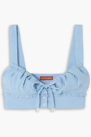 Altuzarra Bijou cropped ruffled linen-blend top - Blue