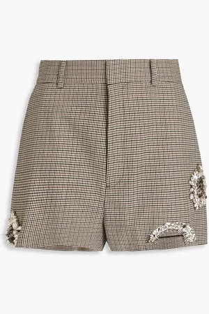 AREA Crystal-embellished cutout houndstooth wool shorts
