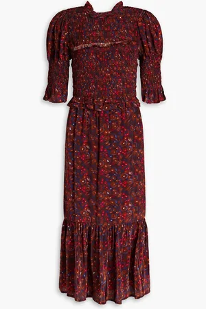 SEA Ilana shirred printed crepe de chine midi dress - Purple