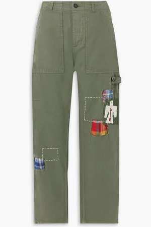 FORTELA Jacey appliquéd herringbone cotton straight-leg cargo pants - Green