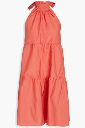 THEORY Gathered cotton-blend poplin halterneck mini dress - Orange