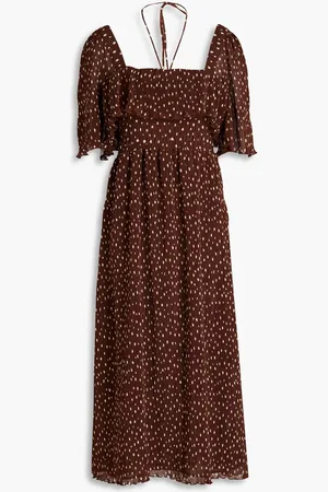 Ganni Ruffled polka-dot plissé-crepon midi dress
