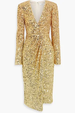 Badgley Mischka Ruched sequined tulle midi dress - Metallic