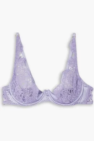 Coco De Mer Camellia satin-trimmed Leavers lace underwired plunge bra - Purple