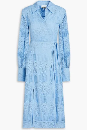 Ganni Corded lace and crochet midi wrap dress - Blue