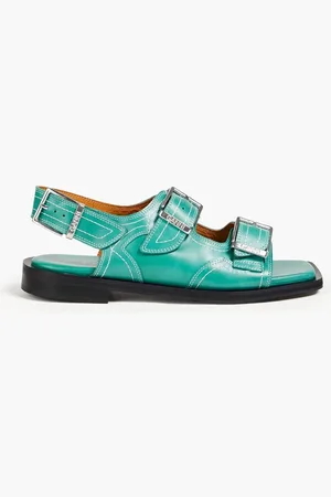 Ganni Topstitched leather slingback sandals - Blue