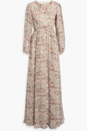 MIKAEL AGHAL Gathered printed chiffon maxi dress - Brown
