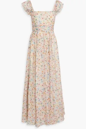 MIKAEL AGHAL Pintucked floral-print gauze maxi dress - Yellow