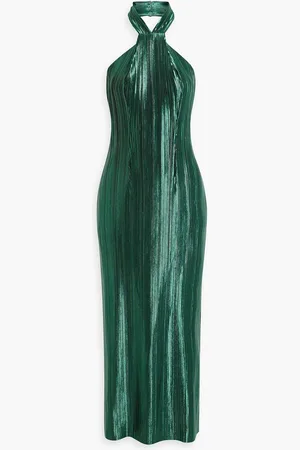 GALVAN Panarea metallic plissé-crepe halterneck midi dress - Green