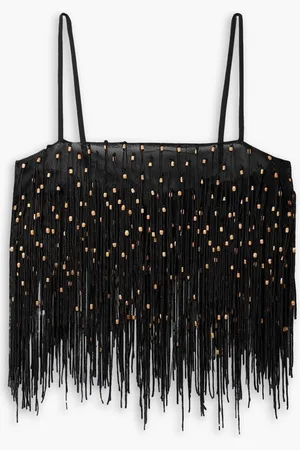 Anna Quan Tatiana cropped bead-embellished fringed mesh top