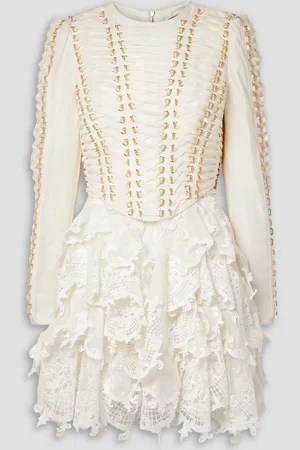 ZIMMERMANN Ruffled lace-paneled embellished linen and silk-blend mini dress - White