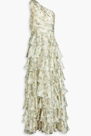 MIKAEL AGHAL One-shoulder tiered floral-print crepe de chine gown - Yellow
