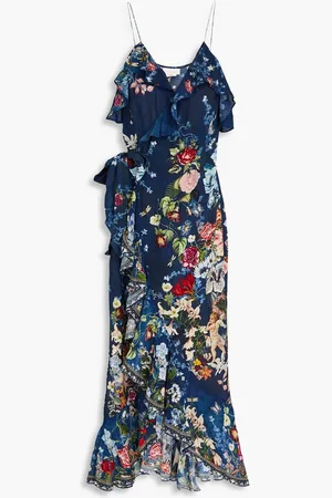 Camilla Embellished ruffled floral-print silk crepe de chine maxi dress - Blue