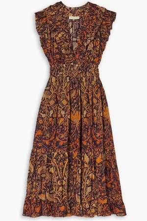 ULLA JOHNSON Samara ruffled printed cotton-blend chiffon midi dress - Yellow