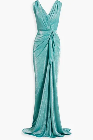 RHEA COSTA Draped glittered jersey gown - Blue