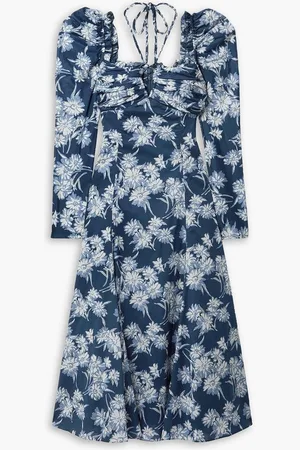Ralph Lauren Bloom gathered floral-print cotton midi dress - Blue