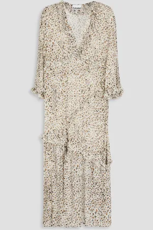 Ganni Ruffled floral-print georgette midi dress - White