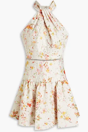 Ml Monique Lhuillier Floral-print metallic fil coupé satin-twill mini dress - White