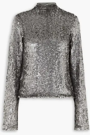 Interior Frances sequined stretch-tulle turtleneck top - Metallic